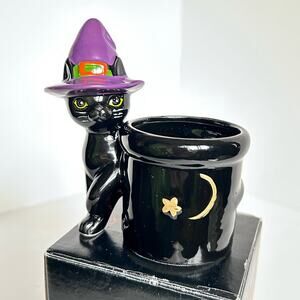 Vintage Halloween Black Witch Cat Votive Candle Holder 4" in Gift Box